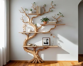 May include: A unique wooden tree-shaped bookshelf with multiple shelves. The shelves hold books, plants, and decorative items. The tree design is mounted on a white wall, with a wooden floor in the foreground. The shelves are made of wood and have a natural finish.