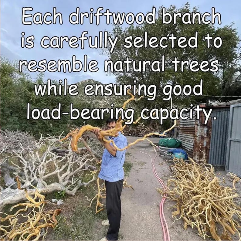 May include: A person holding a driftwood branch, with text that reads: "Each driftwood branch is carefully selected to resemble natural trees while ensuring good load-bearing capacity." Several other driftwood branches are visible.
