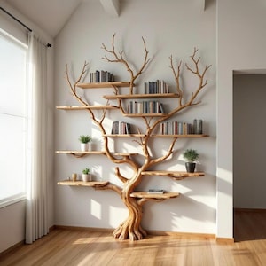 Tree branch floor book shelf handmade solid wood floating shelf art wall mounted bookshelf decor home
