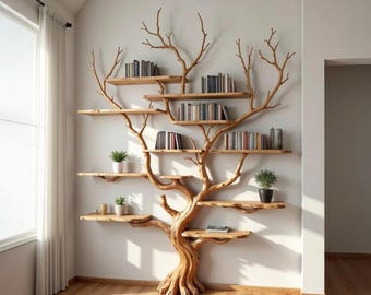 Tree branch floor book shelf handmade solid wood floating shelf art wall mounted bookshelf decor home