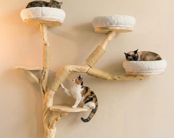 Cat tree shelves for wall climbing unique driftwood branch natural wood tall cat tower pet furniture