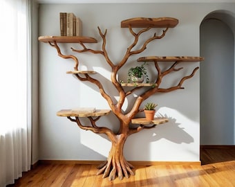 Tree branch floor book shelf live edge floating shelves handmade furniture wall mounted bookshelf decor home art