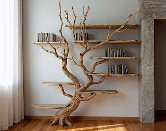 May include: A unique, tree-shaped bookshelf made of natural wood. The shelves are integrated into the branches, holding various books. The design adds a rustic and artistic touch to the room, with a wooden floor and white wall.