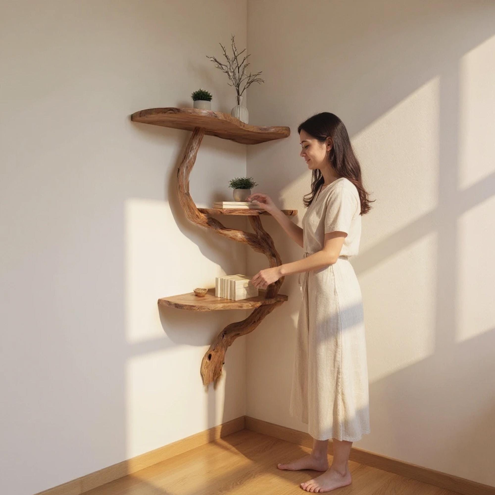 手作りの流木コーナー本棚：壁掛け用木の枝棚 - Etsy 日本