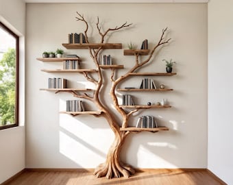May include: A unique wooden bookshelf in the shape of a tree, mounted on a neutral wall. The tree-shaped structure features multiple shelves holding books and small potted plants. The room has a wooden floor and a window.