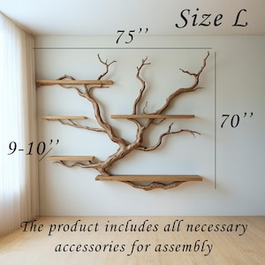 May include: A wooden tree-shaped wall shelf with multiple shelves. The shelf is 190.5 cm wide and 177.8 cm tall, with shelves that are 22.86-25.4 cm deep. The product includes all necessary accessories for assembly.