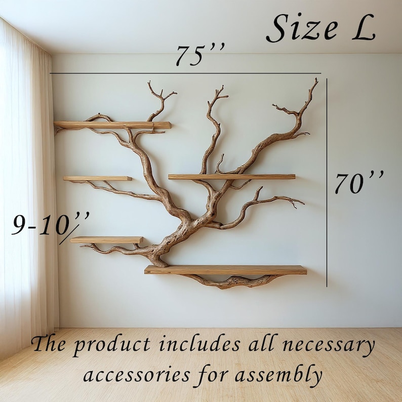May include: A wooden tree-shaped wall shelf with multiple shelves. The shelf is 190.5 cm wide and 177.8 cm tall, with shelves that are 22.86-25.4 cm deep. The product includes all necessary accessories for assembly.