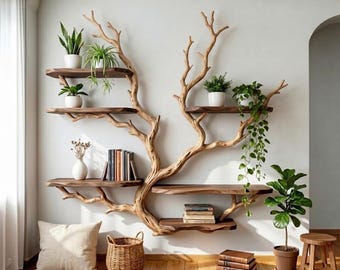 May include: A wall-mounted shelving unit shaped like a tree with natural wood branches and flat wooden shelves. The shelves hold various potted green plants, a white vase with dried flowers, and several books. The structure is light brown.