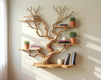 Floating bookshelf tree branch book shelf solid wood wall mounted shelves driftwood shelving decor home art