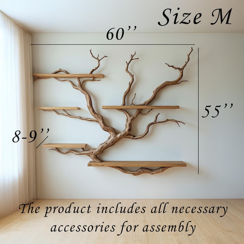 May include: A wooden tree-shaped wall shelf with five shelves. The shelf is 152 cm wide, 140 cm tall, and the shelves are 20-23 cm deep. The product includes all necessary accessories for assembly.