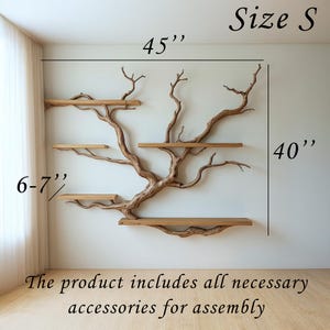 May include: A wooden wall shelf in the shape of a tree, with multiple shelves. The shelf is 114 cm wide and 102 cm high, with shelves that are 15-18 cm deep. The product includes all necessary accessories for assembly.