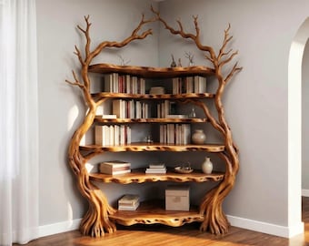 May include: A unique wooden bookshelf with a tree-like design. The shelves are made of natural wood and are filled with books, decorative items, and small boxes. The bookshelf is positioned in a corner of a room with a light gray wall.