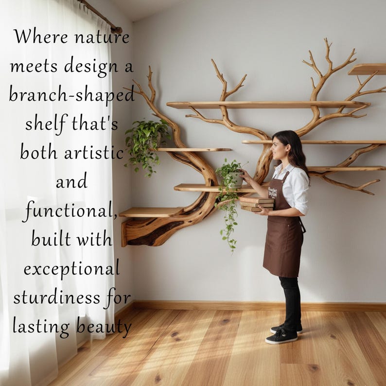 Op de afbeelding: Een uniek, takvormig houten rek met meerdere niveaus, met potplanten. Het rek is bevestigd aan een lichtgrijze muur, met een vrouw in een bruin schort die de planten verzorgt. De tekst luidt: "Where nature meets design..."