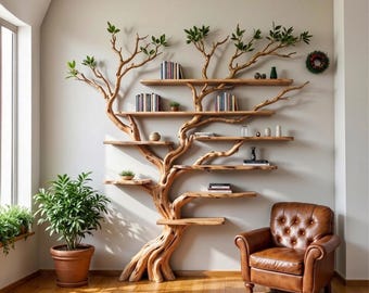 May include: A wall-mounted wooden bookshelf shaped like a tree with multiple horizontal shelves extending from its branches. The structure features natural wood grain, light brown tones, and green leaves at the tips. Books and small decorative items sit on the shelves.