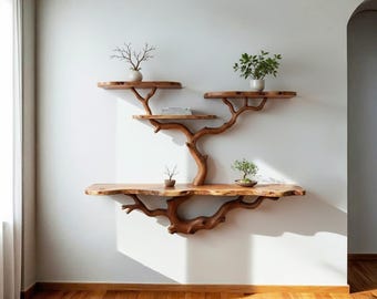 Tree branch book shelf floating shelves on wall reclaimed solid wood bookcase handmade furniture