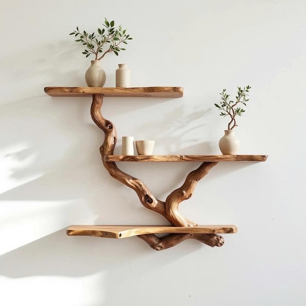 Bookshelf tree branch driftwood floating shelves wall mount bookcase solid wood handcrafted rustic furntiure