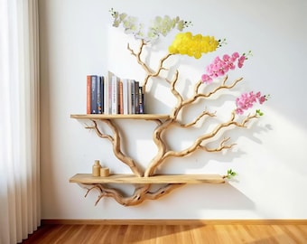 Driftwood Tree Branch Book Shelf with Orchids: Handmade Floating Shelves Wall Mount Art