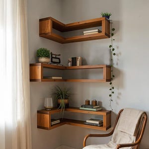 Floating corner wood shelf carved display bookshelf hanging corner shelf wall mount corner plant stand wood vintage shelf