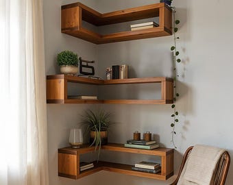 Solid Wood Floating Corner Shelf: Wall Mount Plant Stand
