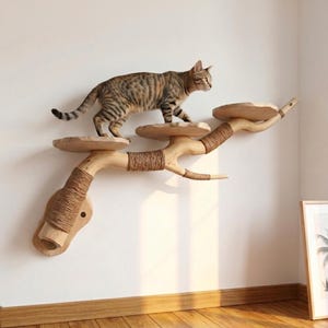 Tree branch cat tree wall mount shelves unique natural solid wood cat climbing scratching post pet furniture
