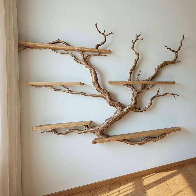 May include: A distinctive wall-mounted shelving unit made from natural wood, designed to look like a tree with several branches and rectangular shelves. The shelves are light-coloured wood, and the tree-like structure is a darker brown. It's mounted on a white wall.