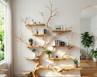 Tree branch floor bookshelf on wall art unique driftwood standing shelf handmade live edge solid wood floating shelves