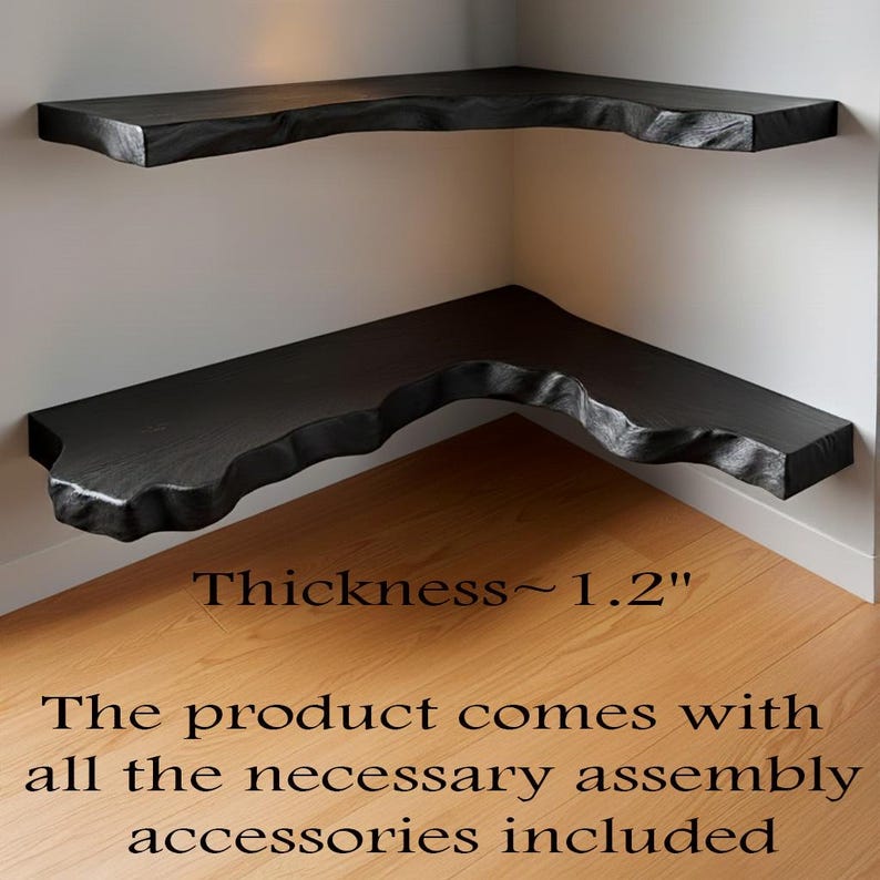 Puede incluir: Dos estanter&iacute;as de esquina negras con dise&ntilde;o de borde vivo montadas en una pared blanca. Las estanter&iacute;as tienen aproximadamente 3 cm de grosor. El producto viene con todos los accesorios de montaje necesarios.