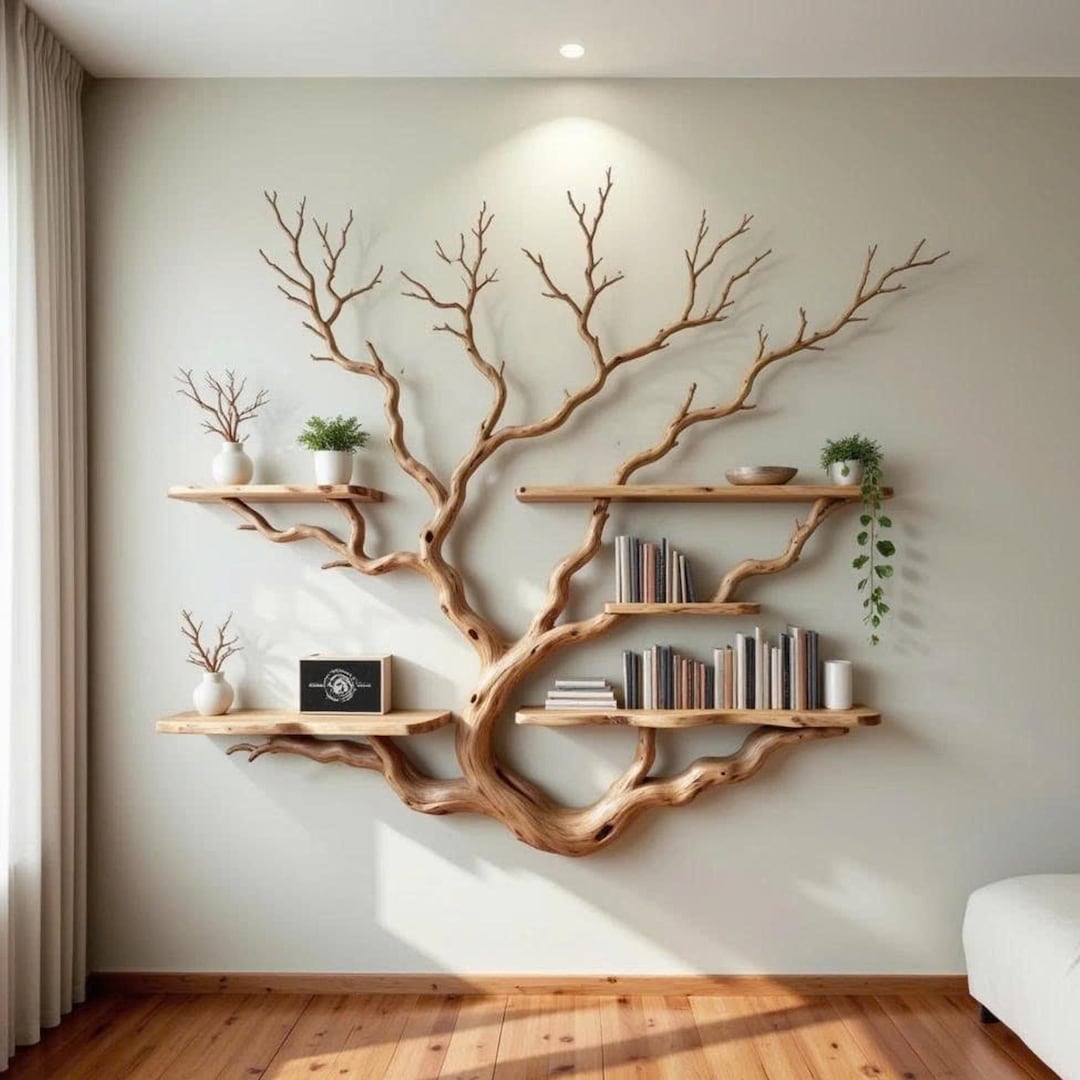 Driftwood Tree Branch Book Shelf on Wall Solid Wood Shelves Art ...