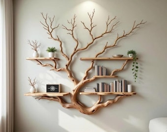 May include: A unique, tree-shaped wall shelf made of natural wood. The design features multiple wooden shelves branching out from a central trunk, with decorative plants and books displayed on the shelves. The wall is painted a light green color.