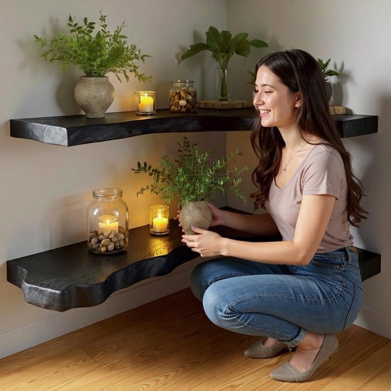 Puede incluir: Estanter&iacute;as de esquina de madera negra con un dise&ntilde;o de borde vivo. Las estanter&iacute;as est&aacute;n decoradas con plantas en macetas, velas y un tarro de cristal lleno de piedras. Una persona sostiene una planta en maceta.