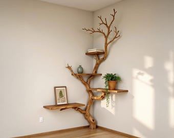 Tree branch shelf corner floating book shelf wall mounted shelves handcrafted reclaimed solid wood bookcase