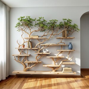 Puede incluir: Una estantería de madera única diseñada para parecer un árbol, con múltiples estantes que se ramifican desde el tronco. Los estantes sostienen libros, una pequeña planta en maceta y objetos decorativos. Hojas verdes adornan las ramas superiores, añadiendo un toque natural.