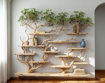 Handcrafted Driftwood Tree Bookshelf - Wall Mounted Reclaimed Wood Bookcase