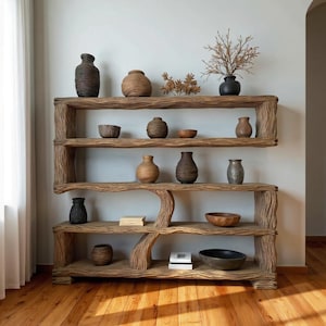 Reclaimed wood bookcase art solid wood carved standing tree bookshelf wooden handmade furniture home decor