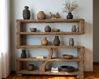 Reclaimed wood bookcase art solid wood carved standing tree bookshelf wooden handmade furniture home decor