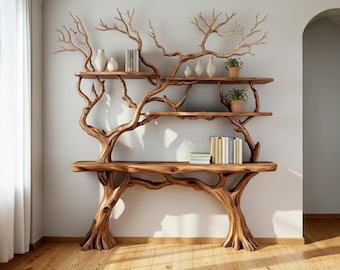 Estantería de ramas de árbol, mesa consola de madera flotante con borde vivo, estantes de madera flotantes en la pared, muebles hechos a mano