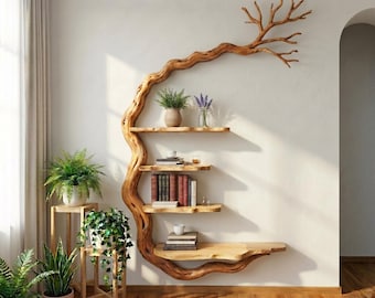 Tree branch shelf wall mount art unique live edge wavy display floating wood bookshelf handmade furrniture