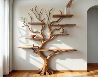 Floating book shelf tree branch shelf hand carved wall mounted shelves sculpture reclaimed solid wood bookcase