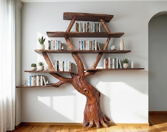 Estantería de pie de madera maciza con forma de rama de árbol, estantería para libros en la pared, escultura de madera flotante, arte para decoración del hogar