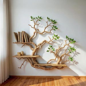 May include: A unique wooden tree-shaped bookshelf mounted on a white wall. The bookshelf features two shelves for books and decorative items, with branches extending upwards and adorned with green leaves. The natural wood color adds warmth to the room.