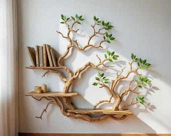 木の枝の本棚、壁に浮かぶ棚、無垢材の本棚、流木の壁アート、リビング
