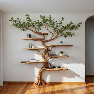 Könnte beinhalten: Ein einzigartiges, baumförmiges Bücherregal aus Holz mit mehreren Regalen. Die Regale sind aus hellem Holz gefertigt und entlang des Stammes und der Äste des Baumes angeordnet. Grüne Blätter sind an den Ästen befestigt. Bücher und kleine Pflanzen sind auf den Regalen platziert.