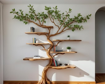 May include: A unique wooden tree-shaped bookshelf with multiple shelves. The shelves are made of light-colored wood and are arranged along the trunk and branches of the tree. Green leaves are attached to the branches. Books and small plants are placed on the shelves.