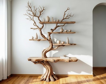 Natural wood bookcase tree branch shelves wall mounted floor bookshelf driftwood carving art