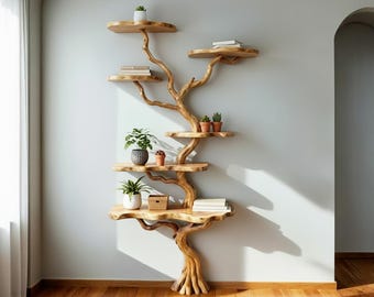 Tree branch floor book shelf live edge solid wood wall mounted shelves handmade custom bookshelf art decor