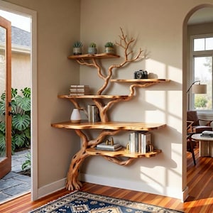 Op de afbeelding: Een wandplankensysteem van lichtgekleurd hout, met een centrale stamstructuur waarvan de takken uitlopen in meerdere horizontale planken. De planken bevatten kleine potplanten, boeken en een zwarte camera.