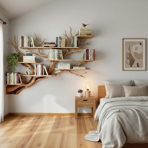 Op de afbeelding: Een unieke, boomvormige boekenplank van lichtgekleurd hout, gemonteerd op een witte muur. De planken bevatten diverse boeken, met een klein vogelbeeldje erop. Een nachtkastje met een lamp en een bed met kussens en een deken zijn ook zichtbaar.