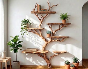 Freistehendes Bücherregal aus Massivholz mit Baumzweig-Optik, schwebendes Regal aus Massivholz mit Baumkante, rustikale Wandregale