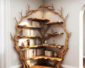 May include: A unique, handcrafted wooden bookshelf in a corner setting. The design resembles a tree with branches forming shelves. Books and decorative items are displayed on the shelves. The wood has a natural, warm tone.