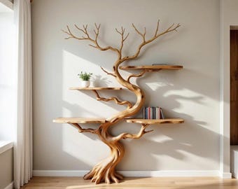 Tree branch book shelf wall mounted floating shelves handmade sculpture driftwood shelf solid wood bookcase
